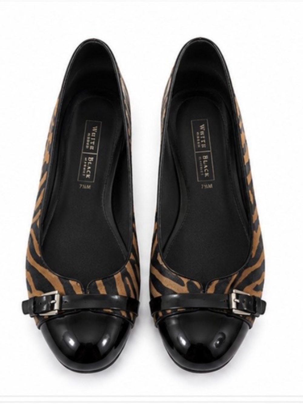 White House Black Market Zebra Haircalf Patent Cap Toe Flats Leather 7.5M